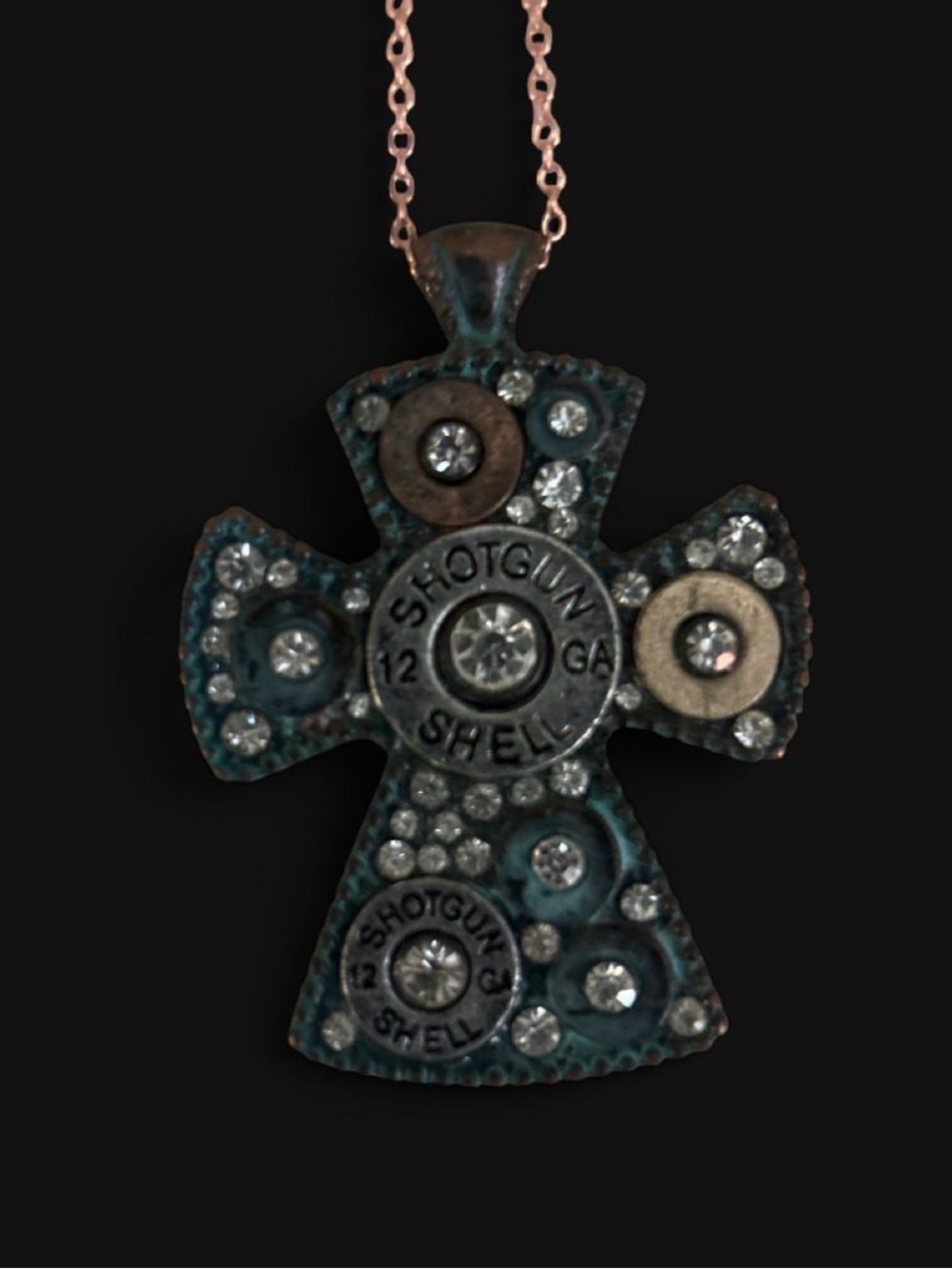 🔥 Upgraded 100% PURE COPPER Chain Shotgun Shell Rhinestone Patina Cross Necklace
